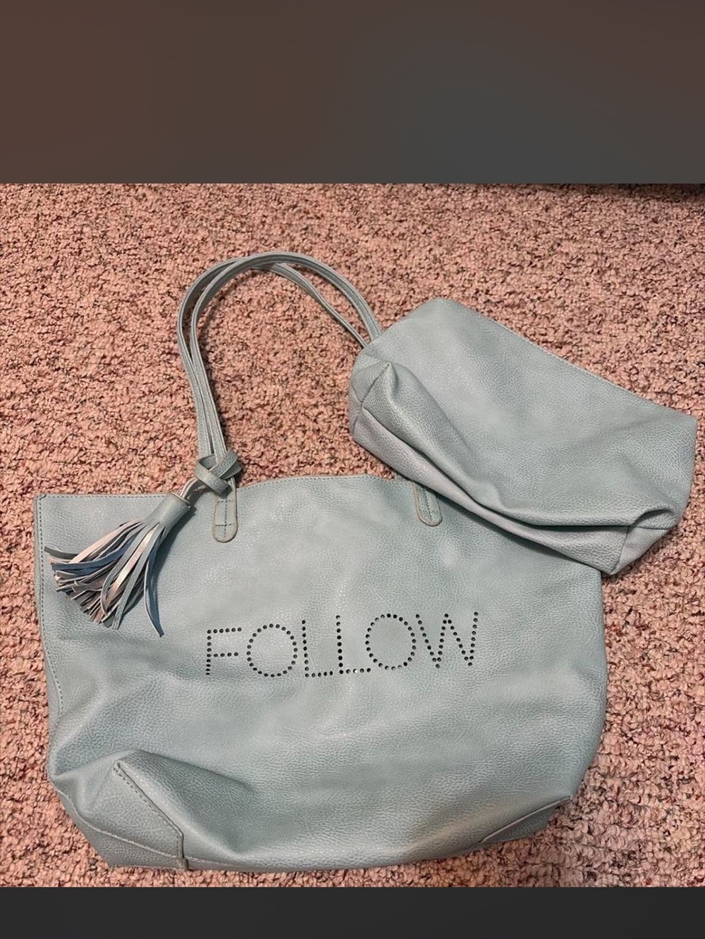 FOLLOW Studded Light Blue Tote Bag with Tassel